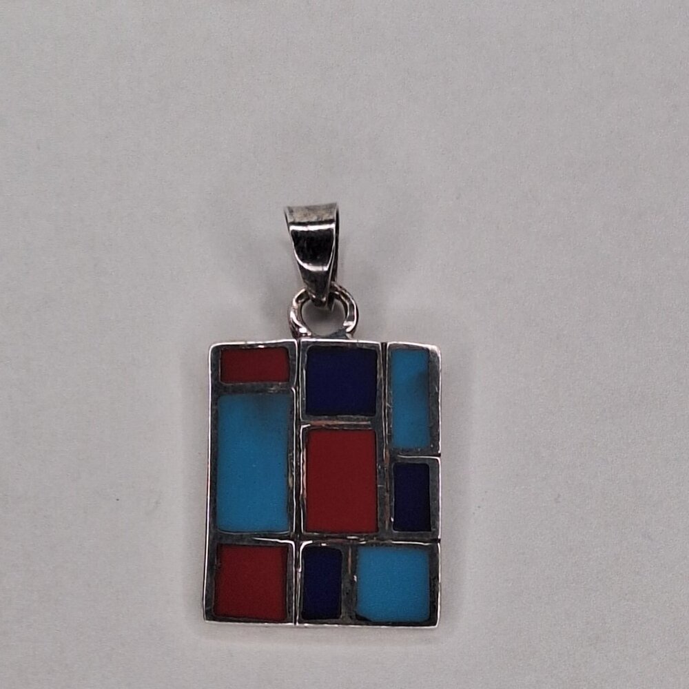Vintage Sterling Silver Turquoise Coral Lapis Inlaid Rectangle Pendant  7.5g - Picture 11 of 12